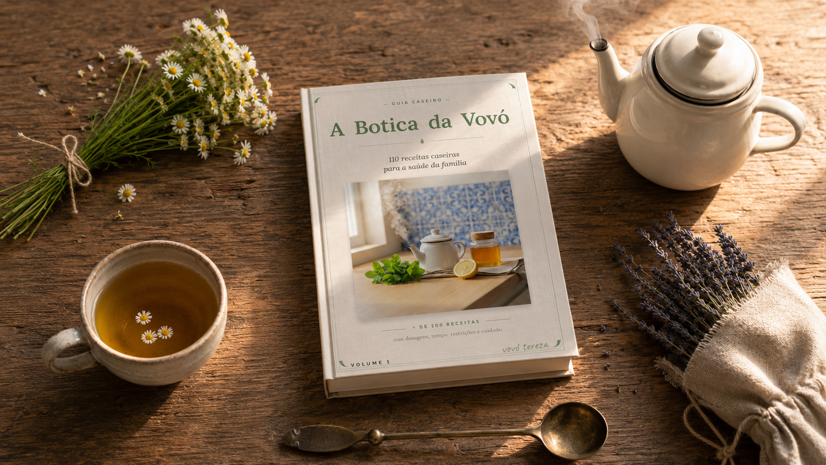 Livro sobre bancada com plantas medicinais
