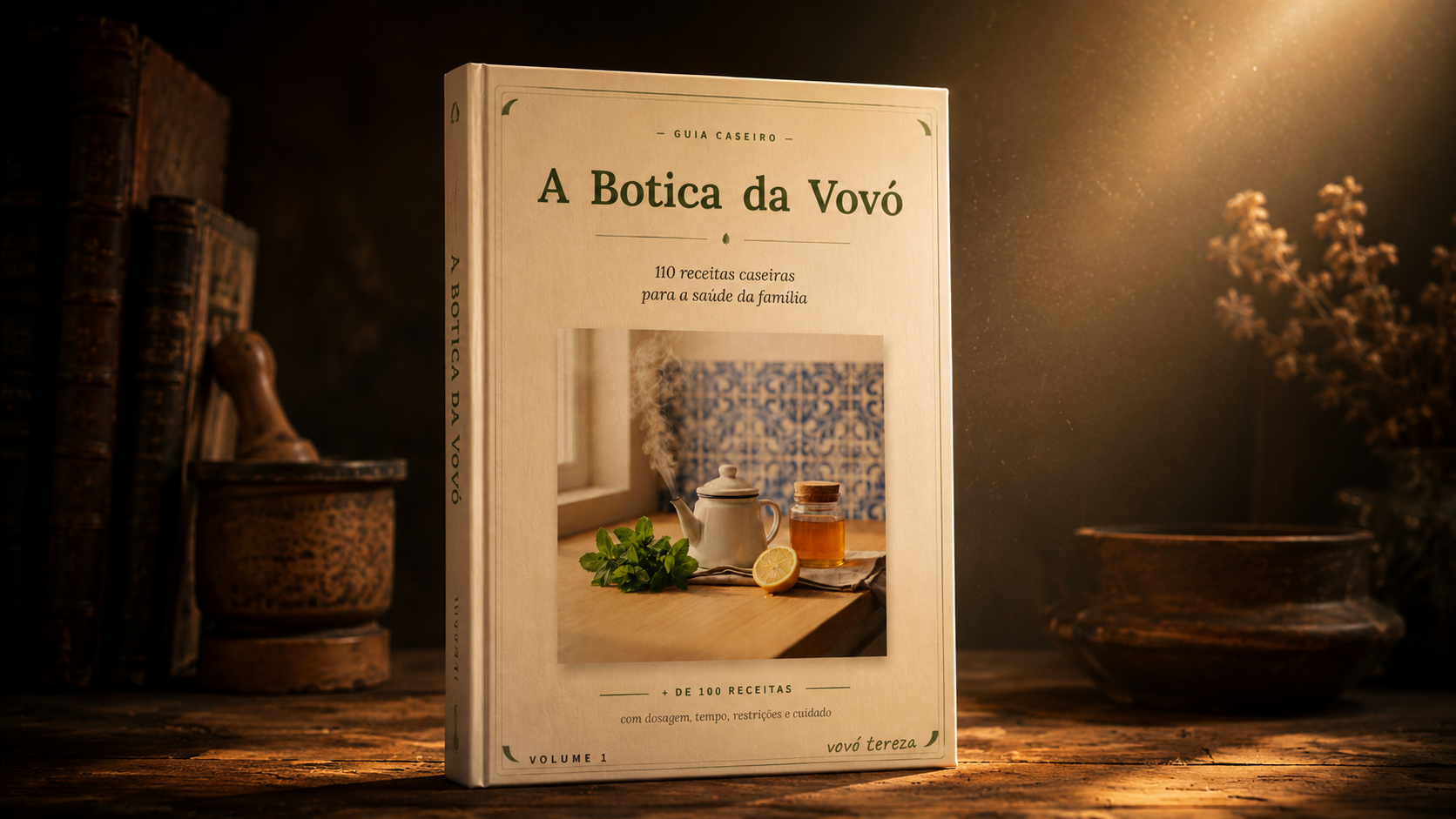 Livro A Botica da Vovó iluminado em ambiente rústico