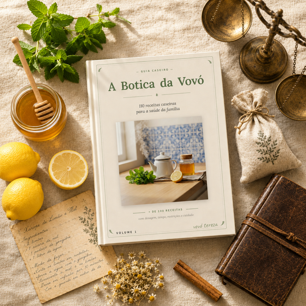 Flat lay com elementos da botica
