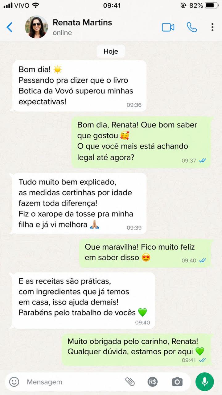 Mensagem de Renata Martins: Superou minhas expectativas. Fiz o xarope da tosse pra minha filha e ja vi melhora