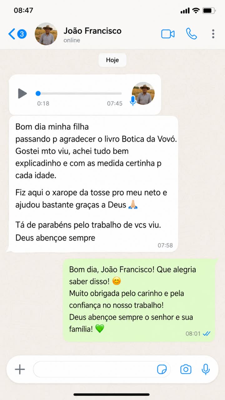 Mensagem de Joao Francisco: Fiz o xarope da tosse pro meu neto e ajudou bastante, gracas a Deus