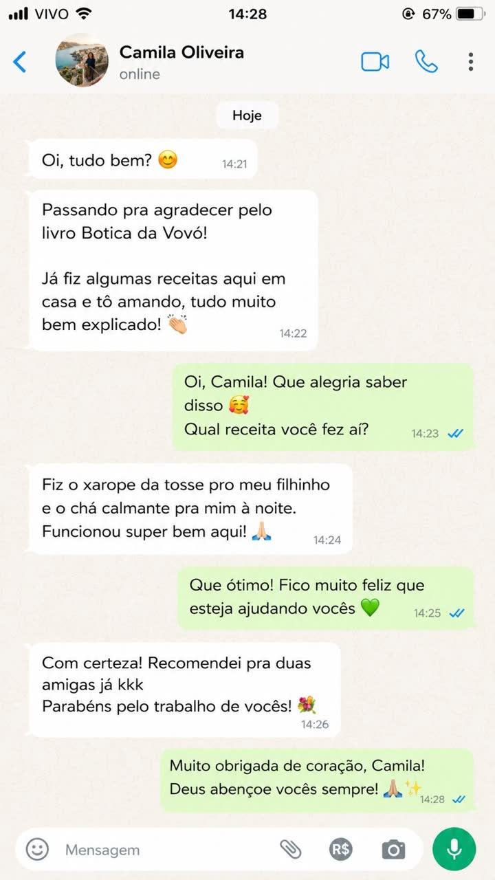 Mensagem de Camila Oliveira: Xarope pro filho e cha calmante pra mim. Funcionou super bem. Recomendei pra duas amigas