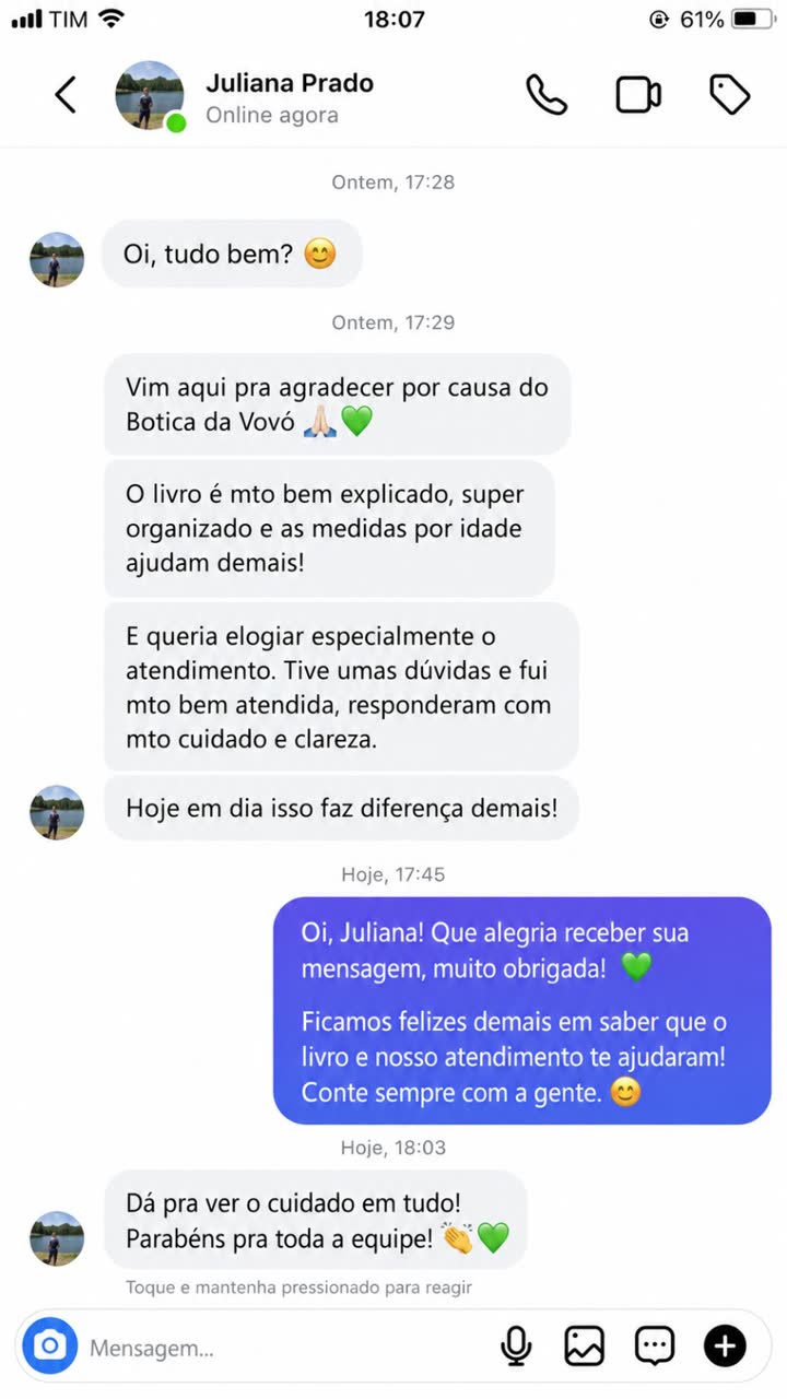 Mensagem de Juliana Prado: Queria elogiar o atendimento. Tive umas duvidas e fui muito bem atendida