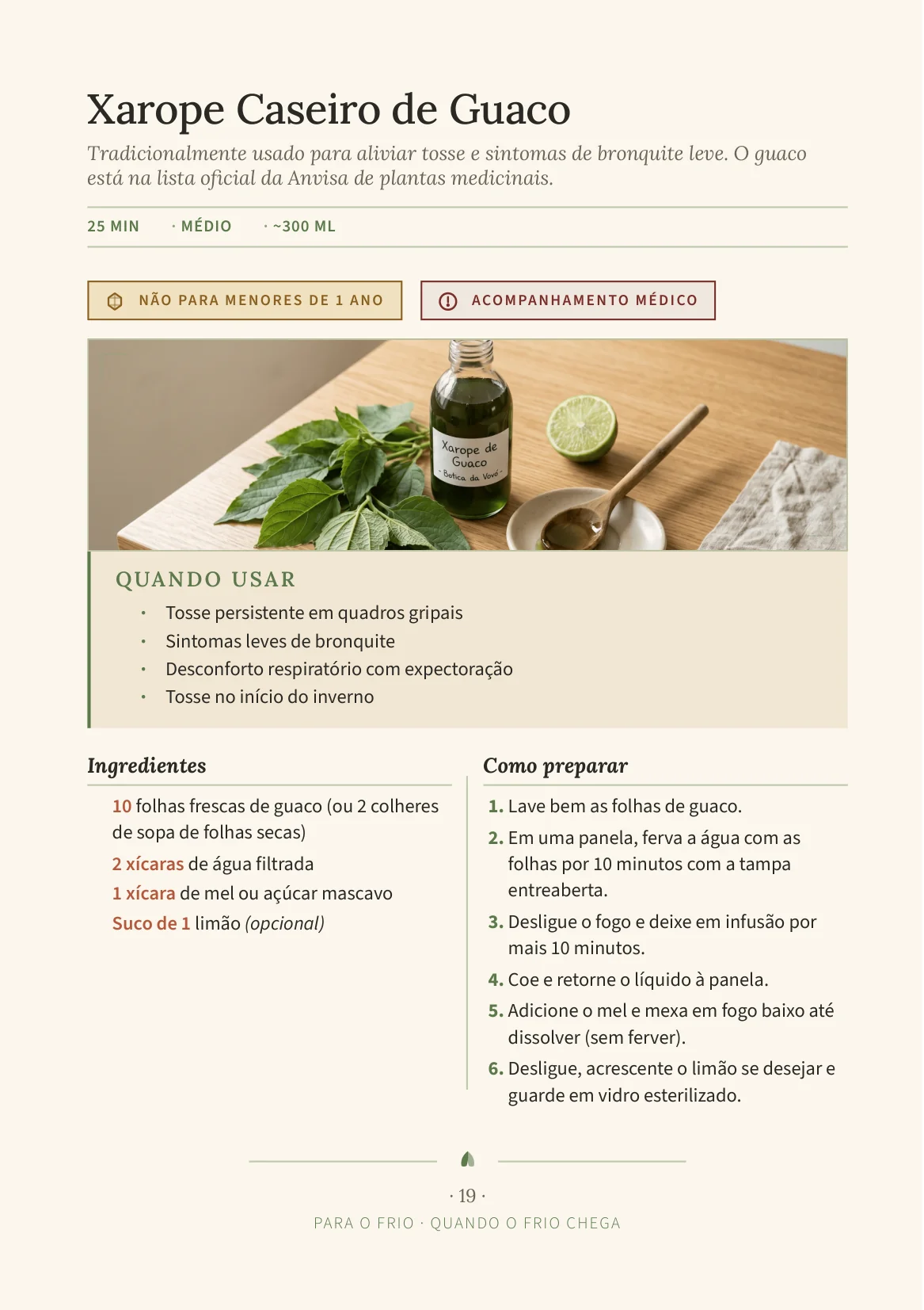 Página esquerda do livro: Xarope Caseiro de Guaco, para que serve, ingredientes e modo de preparo.